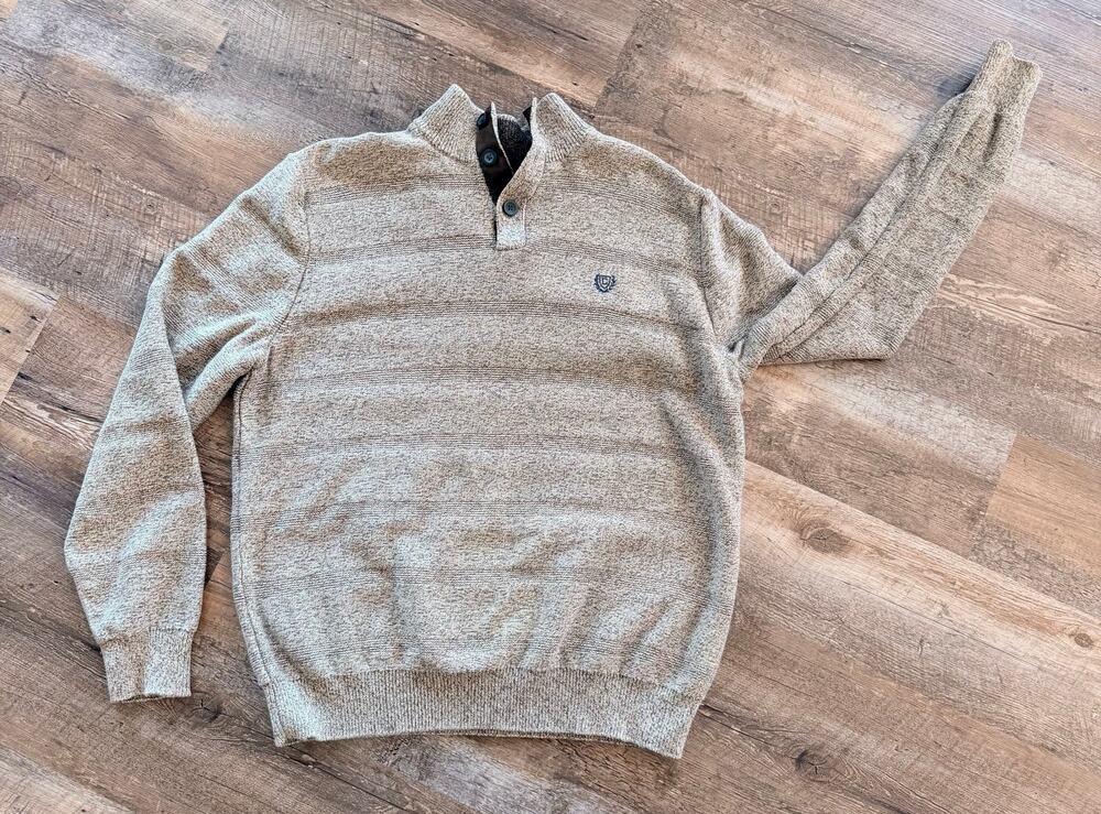 Chaps Brown Tan Textured Cotton Button Neck Sweater XL Sueded Trim